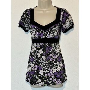 Y2K Black Purple Floral Babydoll Sweetheart Top Size XS Fairy Whimsigoth